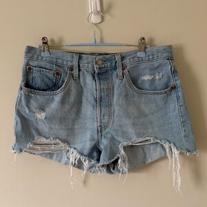 32. | Levi's | 501 | Light Blue Distressed High-Rise Jean Shorts